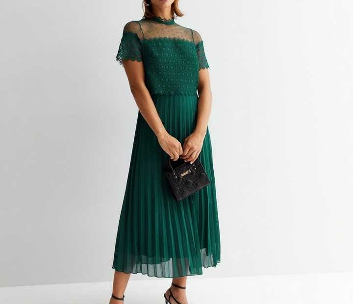 Dark Green Lace Layer High Neck Short Sleeve Pleated Skirt Midi Dress | New  Look