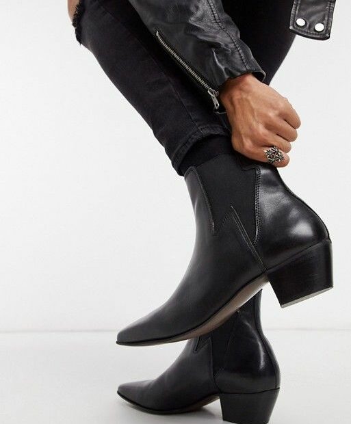 Asos Design Stacked Heel Western Chelsea Boots In Black Leather With  Lightning Detail | Asos | Black Chelsea Boots, Black Boots Men, Mens Heeled  Boots